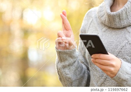 Woman hands checking phone and crossing fingers in winter Woman hands checking phone and crossing fingers in winter 119897662