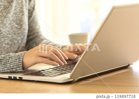 Woman hands typing in a laptop keyboard on a desk 119897718