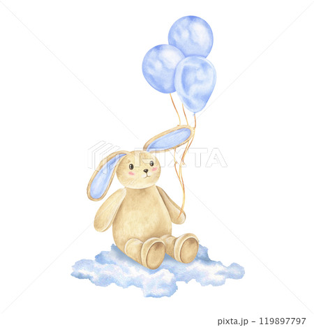水彩画「可愛い人形」 Adorable watercolor bunny toy illustration,のイラスト素材
