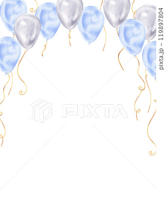 Blue watercolor balloons frame a birthday card for a baby boy. Hand-drawn illustration with ample copy space for personalized party invites or greetings. Soft pastel tones add a festive touch Blue watercolor balloons frame a birthday card for a baby boy. Hand-drawn illustration with ample copy space for personalized party invites or greetings. Soft pastel tones add a festive touch 119897804