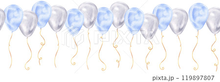 Hand-drawn balloon pattern in soft blue and silver hues. This watercolor design is perfect for celebration invitations, capturing a cheerful and playful atmosphere for baby showers or birthdays 119897807