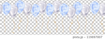 Hand-drawn balloon pattern in soft blue and silver hues. This watercolor design is perfect for celebration invitations, capturing a cheerful and playful atmosphere for baby showers or birthdays 119897807
