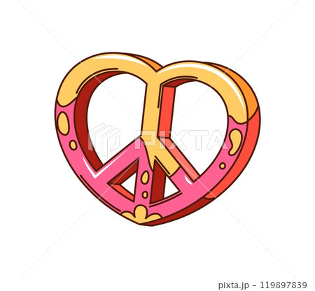 Cartoon groovy valentines day hippie peace sign, love symbol. Isolated vector retro heart badge with psychedelic colors exudes nostalgic 60s and 70s vibe. Symbol of love, peace and romantic vibes 119897839