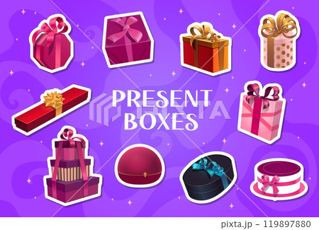 Gift boxes stickers pack of vector packages with ribbons. Cartoon gift and present boxes with festive gold bows wrapped in bright color paper, birthday or Valentines Day surprise, Xmas giftboxes set 119897880