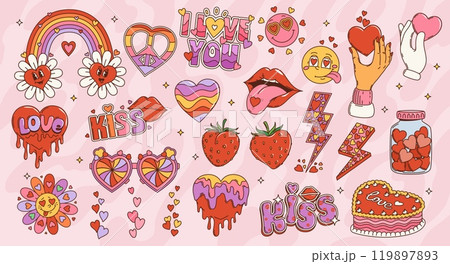 Cartoon retro groovy hippie love symbols and signs. Vector vintage love hearts, flowers and rainbow, funky sunglasses, lips, strawberries and kiss emojis. Psychedelic hippy peace sign, hand with heart 119897893