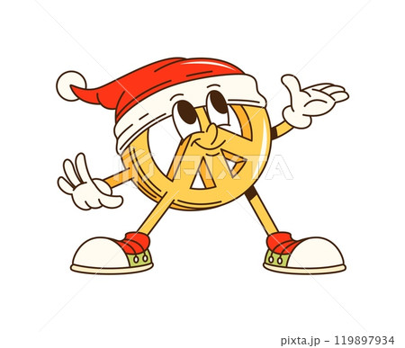 Cartoon groovy Christmas peace sign character wearing a Santa hat, celebrating Xmas. Isolated vector cheerful and festive hippie symbol personage with playful face, evoking holiday joy and peace vibe Cartoon groovy Christmas peace sign character wearing a Santa hat, celebrating Xmas. Isolated vector cheerful and festive hippie symbol personage with playful face, evoking holiday joy and peace vibe 119897934