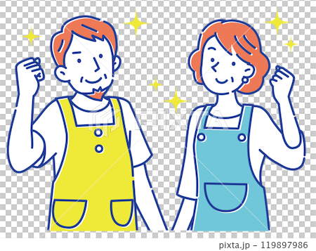 一對穿著圍裙的中年夫婦微笑著擺姿勢 119897986