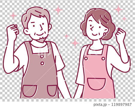 一對穿著圍裙的中年夫婦微笑著擺姿勢 119897987