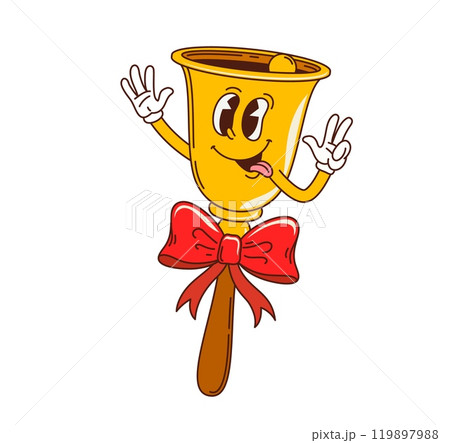 Retro cartoon groovy Christmas jingle bell character for winter holiday, vector funny emoji. Groovy Christmas golden bell with ribbon and freaky smile or crazy look with tongue out for New Year 119897988