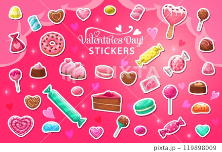 Valentines day sweets, candies and lollypops vector sticker pack. Cute heart-shaped chocolates, marshmallows, lollipops, macarons, donuts and cakes on pink background adorned with hearts and sparkles 119898009