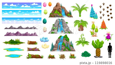 Jungle, landscape and prehistoric dinosaur era environment game asset. Cartoon vector mountains, waterfalls, clouds and pools, plants, ferns, dinosaur footprints, colorful eggs and human silhouette Jungle, landscape and prehistoric dinosaur era environment game asset. Cartoon vector mountains, waterfalls, clouds and pools, plants, ferns, dinosaur footprints, colorful eggs and human silhouette 119898016