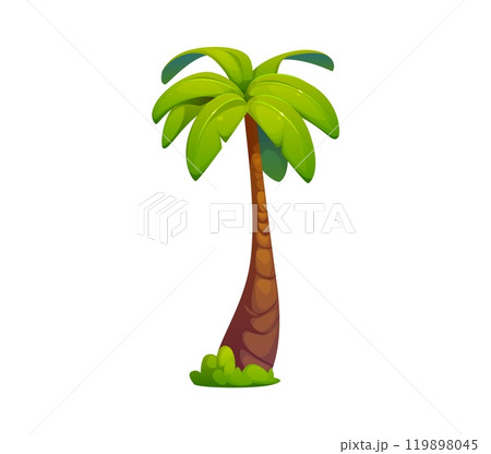 Cartoon jungle coconut and banana palm tree with green fronds and sturdy trunk standing on patch of grass. Isolated vector environmental landscape element, game asset, exotic tropical beach palm tree 119898045