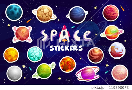 Stickers of alien galaxy planets and stars on fantasy space starry sky vector background. Cartoon alien space planets with fire, ice, lava and rock surface, craters, cracks and clouds stickers pack 119898078