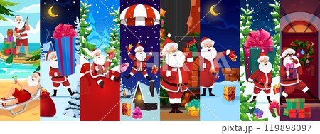 Christmas holiday Santa characters collage. Cartoon vector scenes with Santa Claus relaxing on tropical beach, delivering gifts in snowy landscapes, descending with parachute, spreading holiday cheer 119898097
