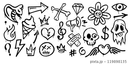 Grunge graffiti ink spray, street art paints. Vector hand drawn spray paint arrow, skull and dead smile emoji, crown, ghost and heart. Ice cream cone, lightning, eye and flower emoticon ink drawings Grunge graffiti ink spray, street art paints. Vector hand drawn spray paint arrow, skull and dead smile emoji, crown, ghost and heart. Ice cream cone, lightning, eye and flower emoticon ink drawings 119898135