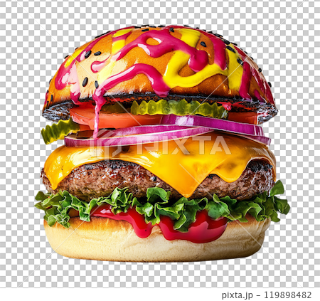 A monstrous burger with a black sesame bun, dripping with colorful sauces, features melted cheese, lettuce, tomato, pickles, and onions. 119898482