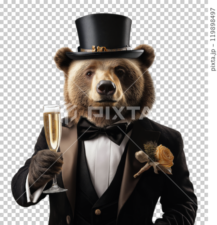 A dapper brown bear, dressed in a tuxedo and top hat, holds a champagne glass, exuding a sense of elegance and sophistication within a casino setting. 119898497