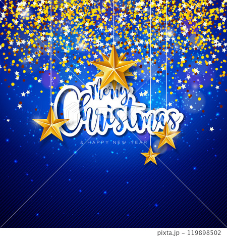 Merry Christmas and Happy New Year Illustration with Cut Out Typography Letter, Gold Star and Falling Glittered Confetti on Shiny Blue Background. Vector Holiday Season Design for Greeting Card, Party 119898502