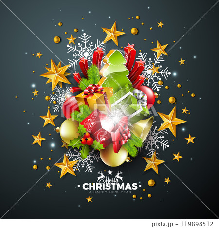 Merry Christmas and Happy New Year Banner Design with Gold Glass Ball, Star, Gift Box and Fir Branch on Black Background. Vector Holiday Season Illustration with Typography Letter for Greeting Card 119898512