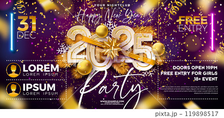 Happy New Year 2025 Party Celebration Banner Template Illustration with Typography Lettering and Golden Bow on Falling Confetti Background. Vector New Year Eve and Christmas Holiday Flyer Design 119898517