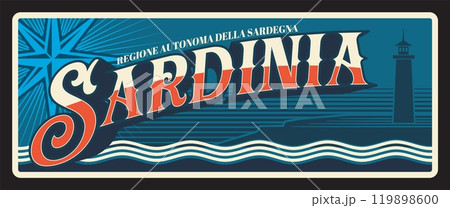Sardinia Italy region, european travel plate sign. Italian region tin plaque, territory flag and coat of arms symbol, region map silhouette and lighthouse on seashore, windrose and sea waves Sardinia Italy region, european travel plate sign. Italian region tin plaque, territory flag and coat of arms symbol, region map silhouette and lighthouse on seashore, windrose and sea waves 119898600