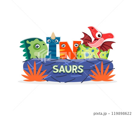 Prehistoric mother dinosaurs with kids in eggs of funny dino lizards, vector cartoon banner. Jurassic dinosaur baby hatching from egg for kids prehistoric dino atlas or paleontology book and t-shirt 119898622