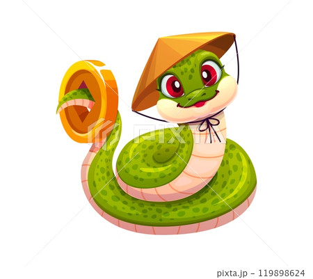 Chinese new lunar year cartoon snake character with cheerful expression, conical asian hat and gold coin on its tail, conveys joy, prosperity and celebration. Cute green reptile symbol of 2025 year 119898624