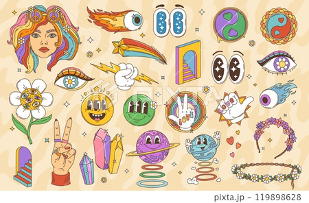 Cartoon retro groovy hippie characters and symbols. Vector psychedelic smile emojis, funky planet personages, hippy girl and peace signs. Daisy flower wreaths, trippy eyes and stairs, star, crystals 119898628