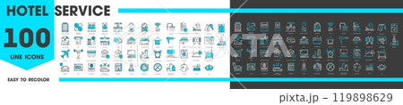 Hotel service line icons of room amenities and facilities for guest hosting and booking, vector pictograms. Hotel or apartment accommodation service icons of hotel amenities for web or app symbols Hotel service line icons of room amenities and facilities for guest hosting and booking, vector pictograms. Hotel or apartment accommodation service icons of hotel amenities for web or app symbols 119898629