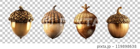 Four golden acorns, each with a unique cap design, are displayed in a row on a neutral background. 119898638