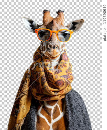 A stylish giraffe, wearing orange sunglasses and a patterned scarf, poses confidently. 119898639
