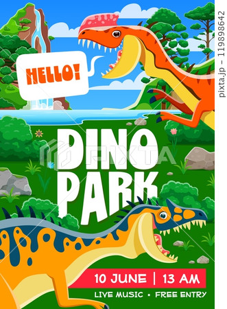 Dino park banner with cartoon dinosaur characters and prehistoric lizards, vector background. Kids Jurassic dino park exhibition or paleontology animals museum and entertainment event poster Dino park banner with cartoon dinosaur characters and prehistoric lizards, vector background. Kids Jurassic dino park exhibition or paleontology animals museum and entertainment event poster 119898642