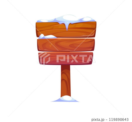Christmas wooden winter sign board with snow. Isolated cartoon vector signboard on the wood pole with three horizontal planks, covered in snow at the top. Rustic signage with wood textured surface 119898643
