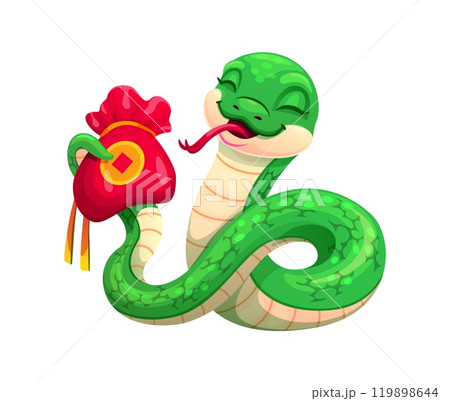 Cartoon funny curled snake holding red money sack filled with gold coins. Isolated vector green festive Chinese zodiac animal reptile represent wealth, tradition and prosperity for the 2025 lunar year 119898644