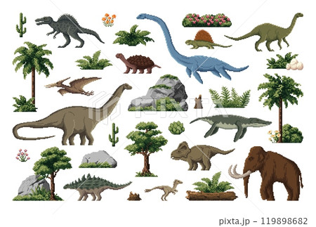 Prehistoric 8 bit pixel art dinosaurs for game assets, vector lizards and dino animals. Jurassic park or ice age prehistoric arcade video game assets of pixel mammoth, pterodactyl and reptile dinosaur 119898682