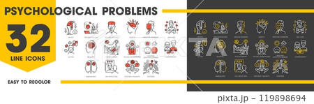 Psychological disorder problem icons, mental health line symbols. Vector psychology, brain and mind therapy, psychotherapy outline signs of stress, anxiety, depression, bipolar and neurosis disorders Psychological disorder problem icons, mental health line symbols. Vector psychology, brain and mind therapy, psychotherapy outline signs of stress, anxiety, depression, bipolar and neurosis disorders 119898694