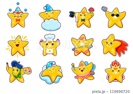 Cute kawaii star characters, cartoon little twinkle and superstar vector personages. Funny clown, super hero, queen, fairy and artist star characters sleeping, doing selfie and sport exercises 119898720