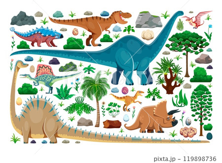Prehistoric dinosaur characters and vegetation cartoon vector set. Jurassic era environmental elements, dino species, eggs and flora. Trees, rocks, shrubs and ferns from the ancient Earth life periods 119898736