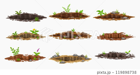 Ground holes, deep dirty pits and burrows. Cartoon vector holes in ground soil, land or earth dirt with big cracks, green grass, plants and flowers, mud and rocks. Garden animal burrow tunnels or gaps Ground holes, deep dirty pits and burrows. Cartoon vector holes in ground soil, land or earth dirt with big cracks, green grass, plants and flowers, mud and rocks. Garden animal burrow tunnels or gaps 119898738