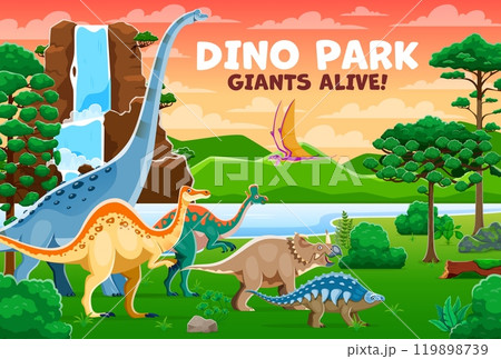 Prehistoric dinosaurs dino park. Vector Jurassic era adventure park with dinosaur species amidst lush green landscape with majestic waterfall cascading down a cliff. Vibrant world of ancient reptiles Prehistoric dinosaurs dino park. Vector Jurassic era adventure park with dinosaur species amidst lush green landscape with majestic waterfall cascading down a cliff. Vibrant world of ancient reptiles 119898739