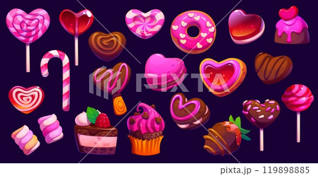 Cartoon Valentine heart and pink candy sweets, lollipop, confectionery and pastry food desserts. Vector chocolate heart candies, cookies and cakes, cupcake, donut, caramel, marshmallow and cake pops 119898885