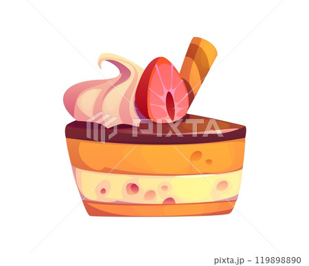 Cartoon fast food cake or cheesecake slice with layers of cream and sponge, topped with chocolate glaze, whipped cream, a strawberry slice, and a wafer stick. Isolated vector confectionery or pastry Cartoon fast food cake or cheesecake slice with layers of cream and sponge, topped with chocolate glaze, whipped cream, a strawberry slice, and a wafer stick. Isolated vector confectionery or pastry 119898890