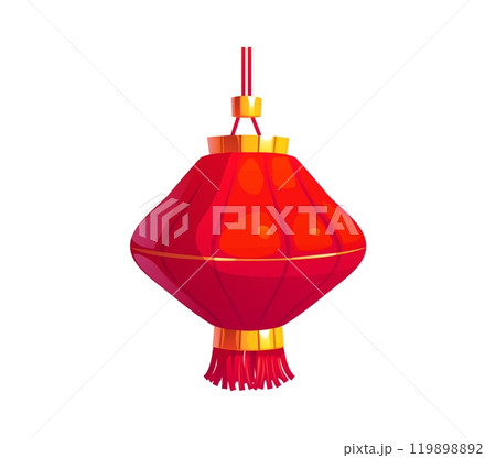 Cartoon Chinese festival red lantern, Asian Chinatown lamp, symbolizing cultural celebrations and heritage. Traditional festival or Lunar New Year decoration with gold accents and tassel at the bottom 119898892