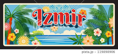 Izmir Turkish province il retro banner. Vector vintage signboard with travel destination of Turkey features palm trees, flowers and sunny beach, evokes a tropical, inviting atmosphere for tourism Izmir Turkish province il retro banner. Vector vintage signboard with travel destination of Turkey features palm trees, flowers and sunny beach, evokes a tropical, inviting atmosphere for tourism 119898906