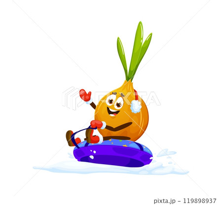 Cartoon onion on snow tube sled for Christmas holiday vegetable character, vector emoji. Funny onion riding snow tube or inflatable sledge with happy face for Merry Christmas and New Year greeting 119898937