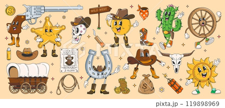 Cartoon retro 70s 80s groovy Wild West Western characters. Hippie personages of vector cowboy hat, sheriff star and skull, funny gun, horseshoe, sun and desert cactus, wood wheel and wanted poster Cartoon retro 70s 80s groovy Wild West Western characters. Hippie personages of vector cowboy hat, sheriff star and skull, funny gun, horseshoe, sun and desert cactus, wood wheel and wanted poster 119898969