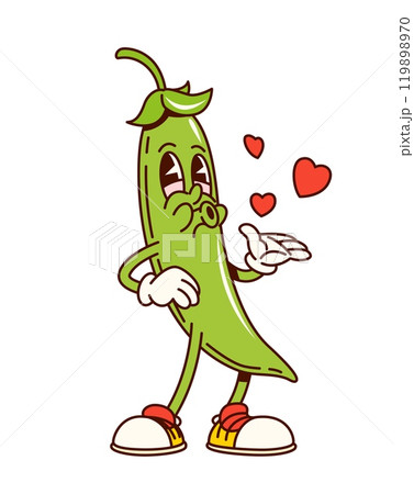 Groovy cartoon green pea vegetable character in for funny vegetable, vector comic. Groovy funny green pea pod with happy face whistling love melody with hearts for retro cartoon character 119898970