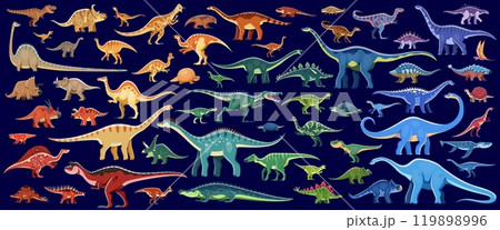 Color prehistoric dinosaurs vector set. Cartoon colorful dino species. Ancient reptiles from jurassic era. Terrestrial carnivores, omnivores, herbivores and mammoth with vibrant colors and shapes Color prehistoric dinosaurs vector set. Cartoon colorful dino species. Ancient reptiles from jurassic era. Terrestrial carnivores, omnivores, herbivores and mammoth with vibrant colors and shapes 119898996