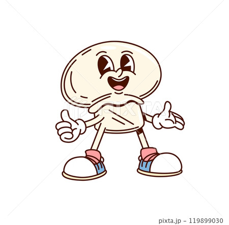 Groovy champignon mushroom vegetable character in retro comic cartoon, vector personage. Groovy funky champignon mushroom with happy face and thumb up in good vibes for vegetable cartoon character 119899030