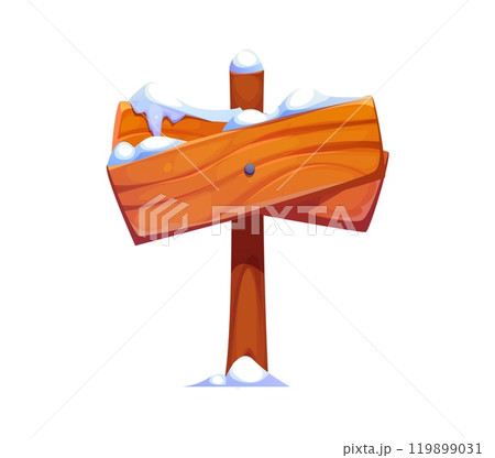 Winter Christmas wooden sign board with snow. Isolated cartoon vector directional signboard or road billboard with two crossed wood planks and rustic texture covered in snow, attached to vertical post 119899031
